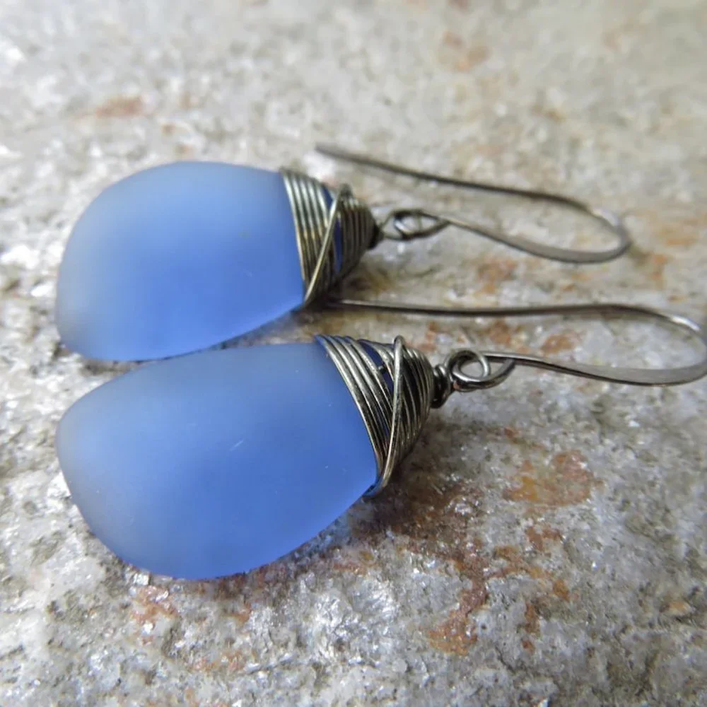 Cobalt Blue sea glass earrings wire wrapped with hematite colored wire - Picture 1 of 1